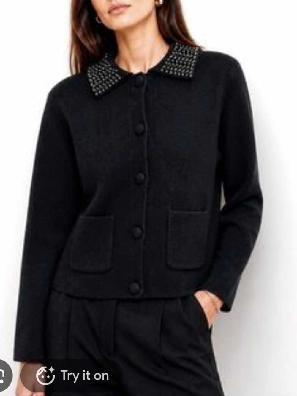 Marled Black Embellished Collar Womenโs Sweater Cardigan